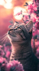 Cat gazing upward among blooming pink flowers.