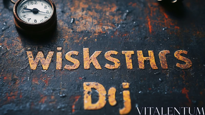 Rusty textured text with pocket watch on dark surface.