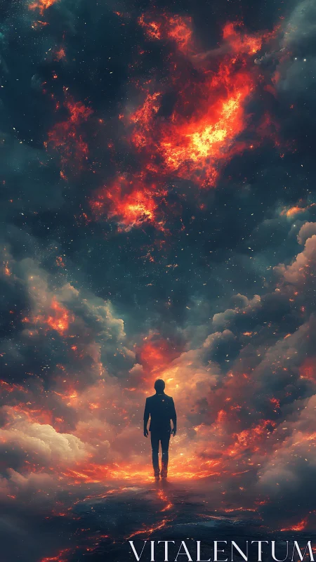 Solitary figure walks into a blazing cosmic storm sky.