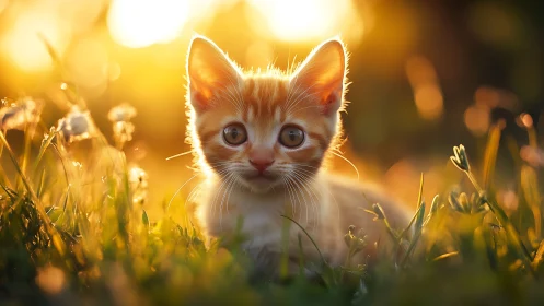Ginger Kitten in Golden Hour Grass Field.