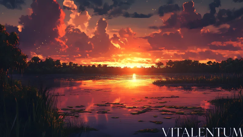 Radiant sunset ignites tranquil lake and dramatic clouds.