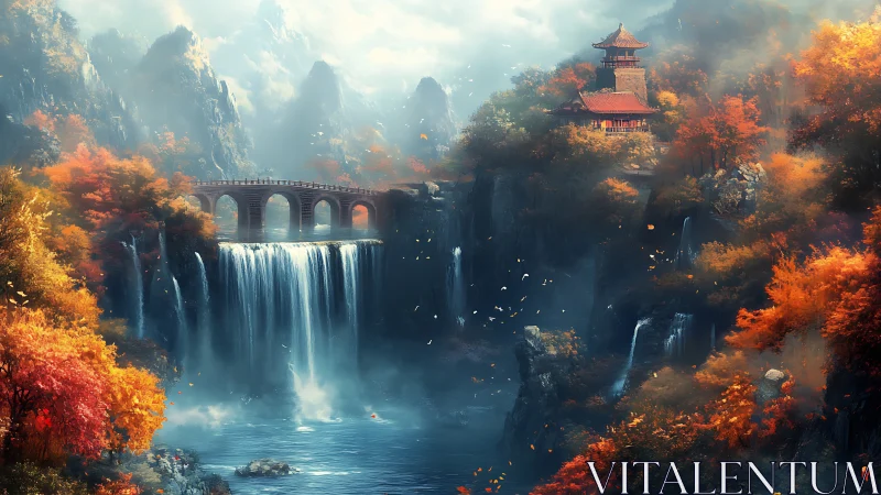 Autumnal mountain waterfall with pagoda and stone bridge