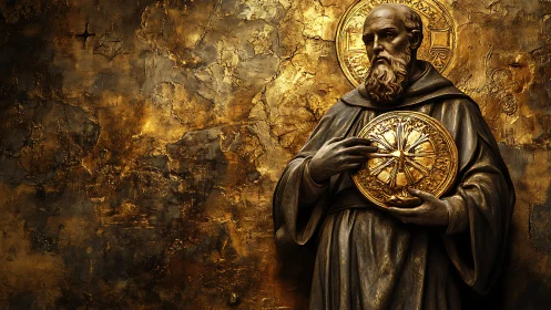 Golden monk relief holds sacred emblem in dramatic light