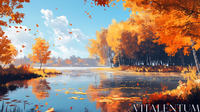 Golden autumn forest reflects across tranquil blue lake