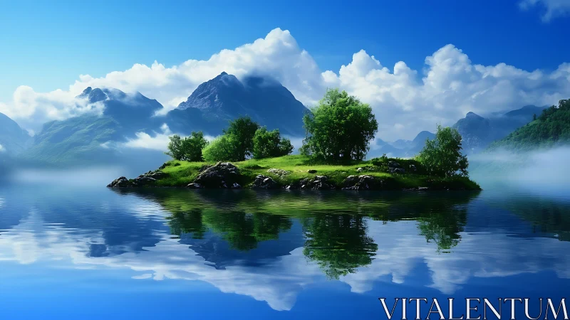 Misty Alpine Lake with Island and Mountain Peaks.
