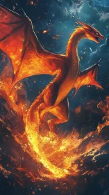 Sky-scorching fire dragon carving sparks through nightfall.