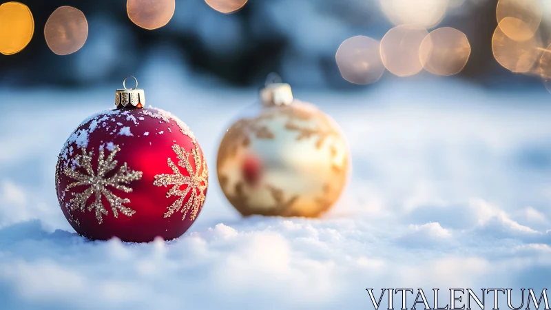 Snowlit Christmas baubles glow in a frosty winter dreamscape.