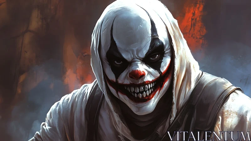 Sinister hooded clown with blood red smile in smoke