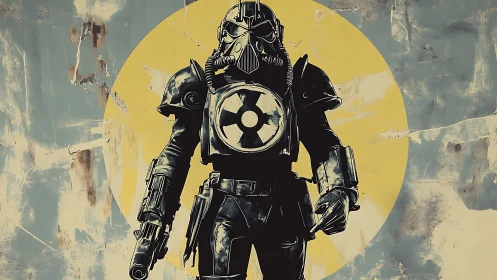 Radiation-sealed infantry exosuit with retro hazard insignia.