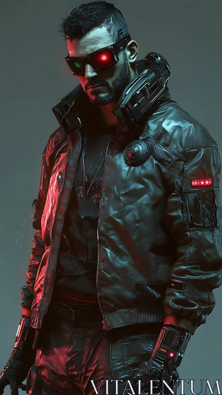 Brooding cyberpunk wanderer stands in glowing neon armor