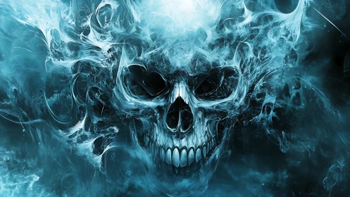 Digitally rendered skull emerges from turbulent blue smoke