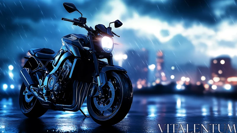 Sport motorcycle stands poised on a neon lit rainy street