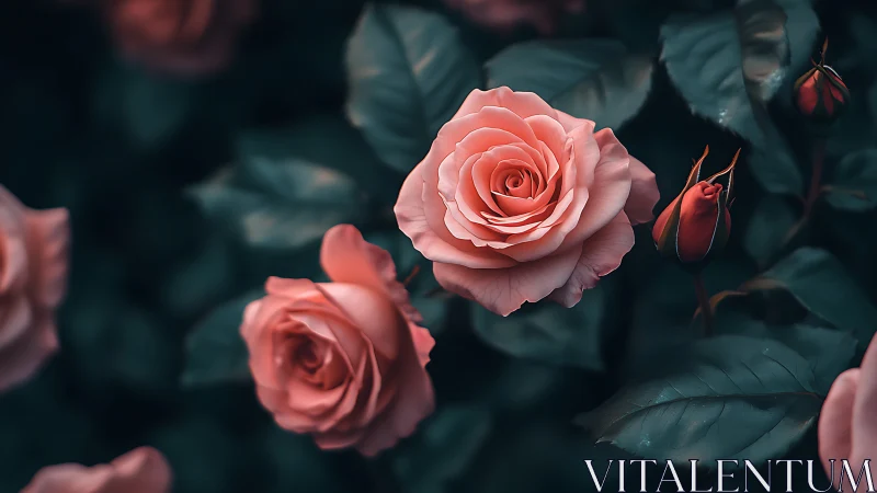 Soft Coral Roses Blooming in Moody Garden Light