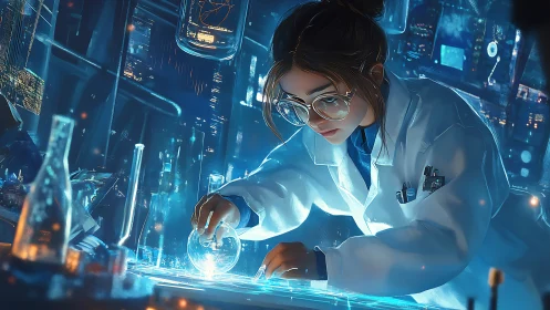 Curious young scientist shaping glowing ideas in the lab.