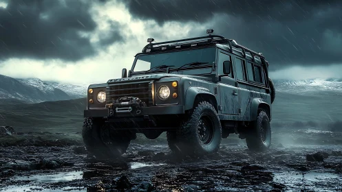 Off-road expedition SUV crossing stormy mountain trail.
