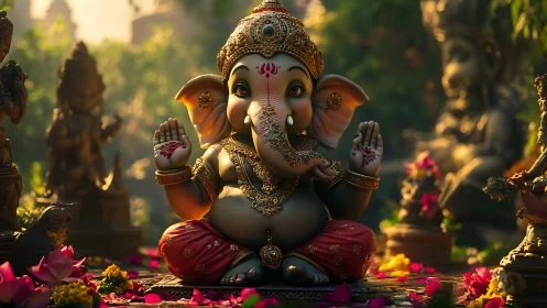 Detailed Ganesha statue in outdoor shrine with floral offerings.