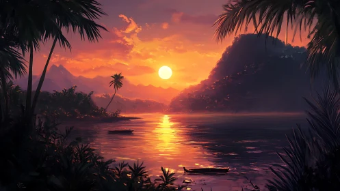 Tropical bay sunset over calm water and silhouetted palms.