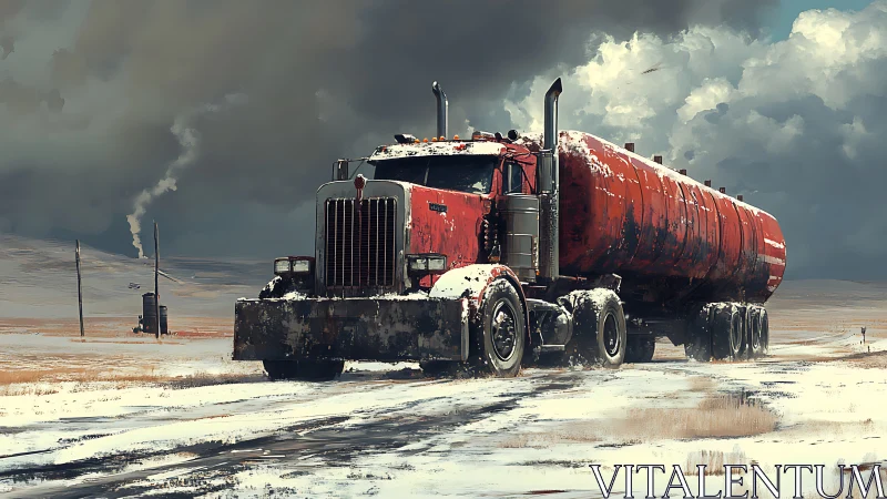 Rust-red winter tanker rolling through a lonely snowfield.