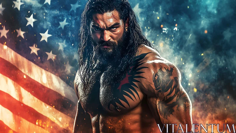 Fierce warrior stance against a smoky stars and stripes sky.