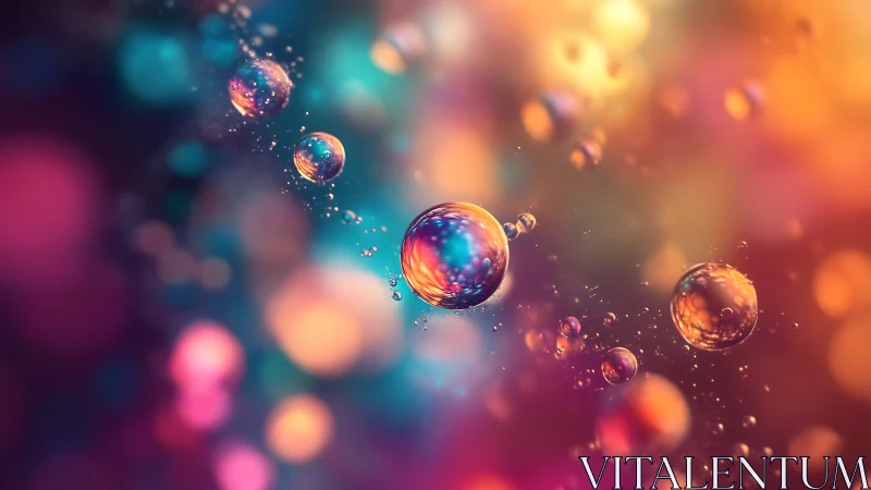 Iridescent liquid spheres drift through multicolored bokeh field