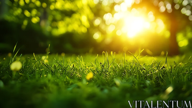 Sunlit grass close-up with vibrant bokeh in soft natural style.