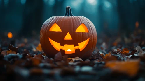 Illuminated carved pumpkin on forest floor at dusk.