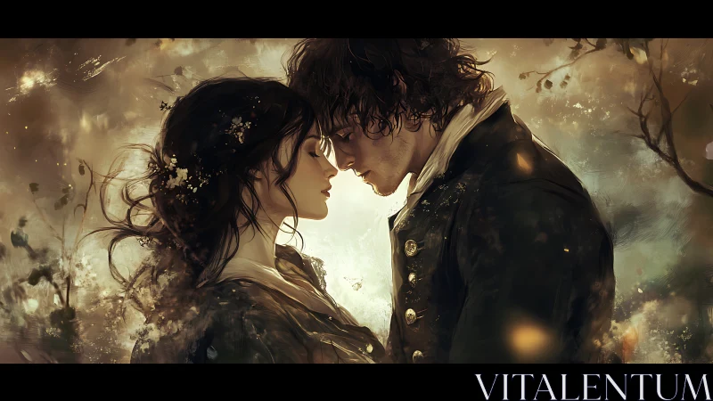 Romantic Couple Portrait with Golden Ambient Lighting and Period Costume Design