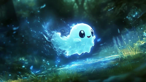 Glowing spirit character drifting through enchanted forest.