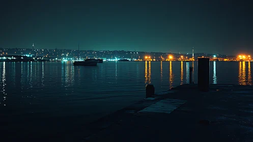 Harbor pier foreground faces illuminated city shoreline at night