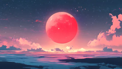 Digital painting of surreal crimson moon over twilight ocean.