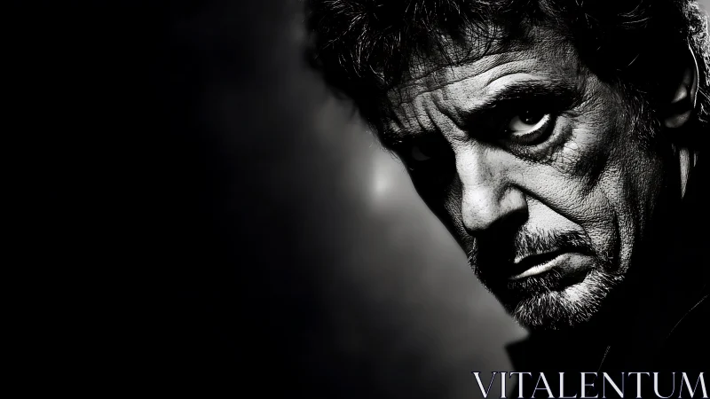 Moody monochrome close up of older man in shadowed light.