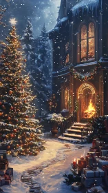 Snowy Victorian house with illuminated Christmas tree at dusk