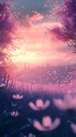 Dreamlike pink meadow under cinematic twilight sky glows