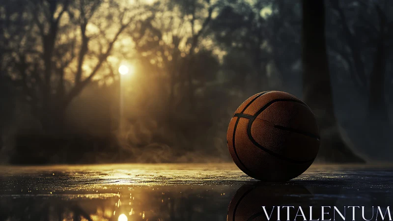 Quiet sunrise court with a lone basketball waiting patiently.