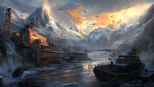 Rust-red polar refinery and boat in cinematic thawing fjord.