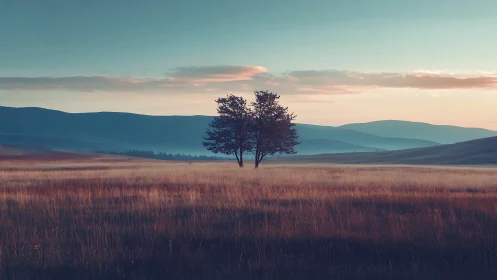 Quiet twin trees resting in a softly glowing open field.