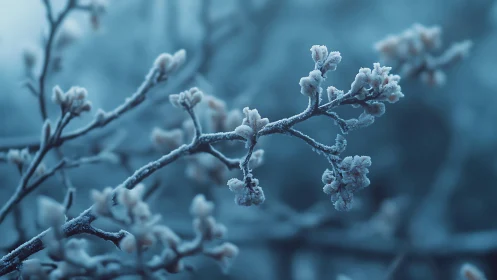 Frost coated branch extends across soft, muted blue background