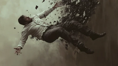 Shattering Descent Of A Man Unraveling Into Fragments.