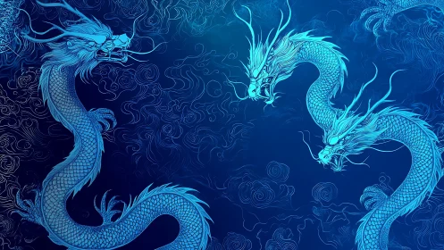 Two blue Chinese dragons twist across dark blue background