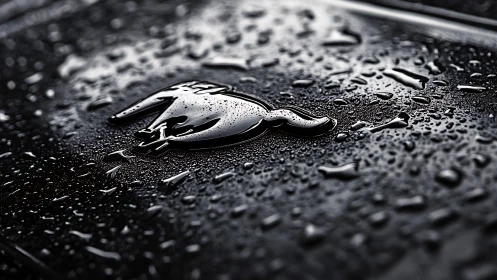 Chrome horse emblem shines across rain soaked car hood
