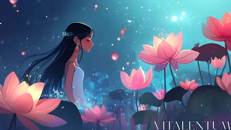 Serene girl among glowing lotus blooms in ethereal nightscape.