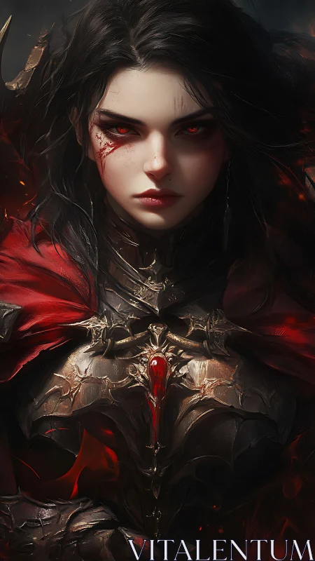 Sorceress in baroque blood-etched armor under dramatic rim lighting