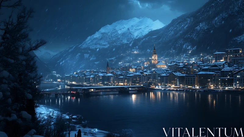 Snowy mountain city at night with calm reflective lake.