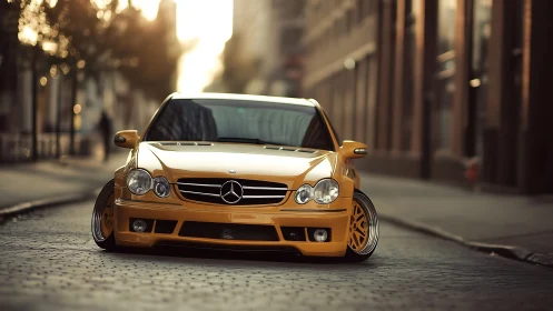 Golden Mercedes coupe glows on a quiet cobblestone city street