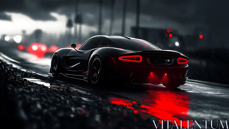 Cyberpunk supercar in cinematic neon rain-night chase scene.