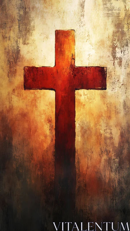 Burnished crimson cross glowing in weathered twilight haze.