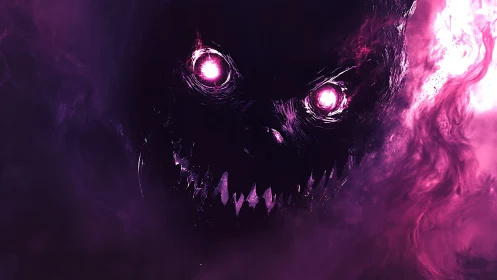 Digital painting of voidborne spectral maw in neon magenta haze.