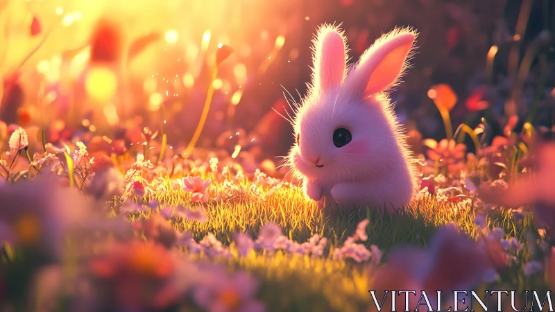 Backlit pastel bunny in shallow depth spring meadow glow