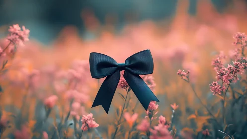 Navy Ribbon Suspended Over Soft Wildflower Field.