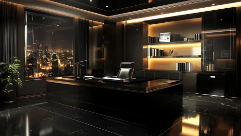 Nocturnal executive office with glossy black finishes and skyline